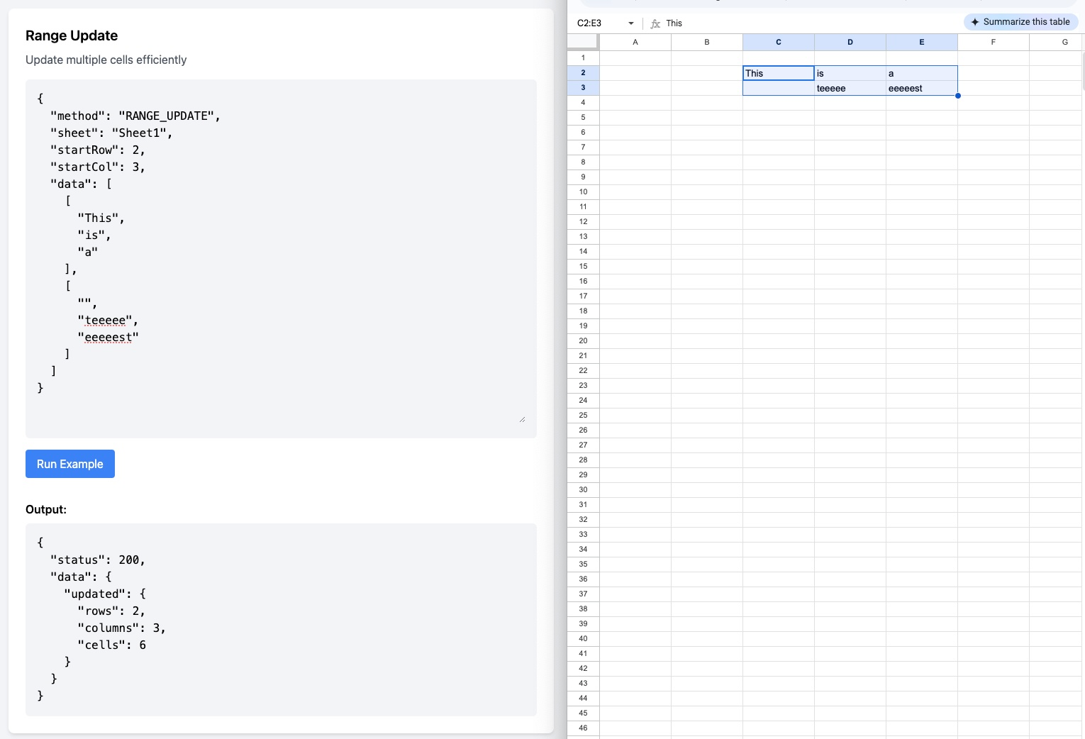 Range_Update can target a specific range of columns and rows, as opposed to treating the Google Sheet like a database