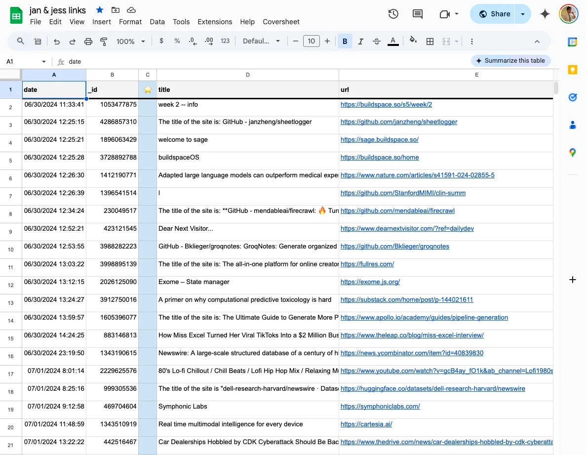 Using Google Sheets for a personal bookmarking app. Here, Google Sheets saves and provides data to my own bookmarking app.
