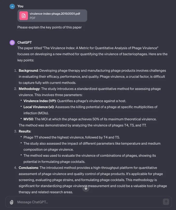 Fig 9. ChatGPT is great at summarizing or answering questions about uploaded papers. Note that for really long documents over 18k characters, others have noted that its Q&A quality tends to go down for the