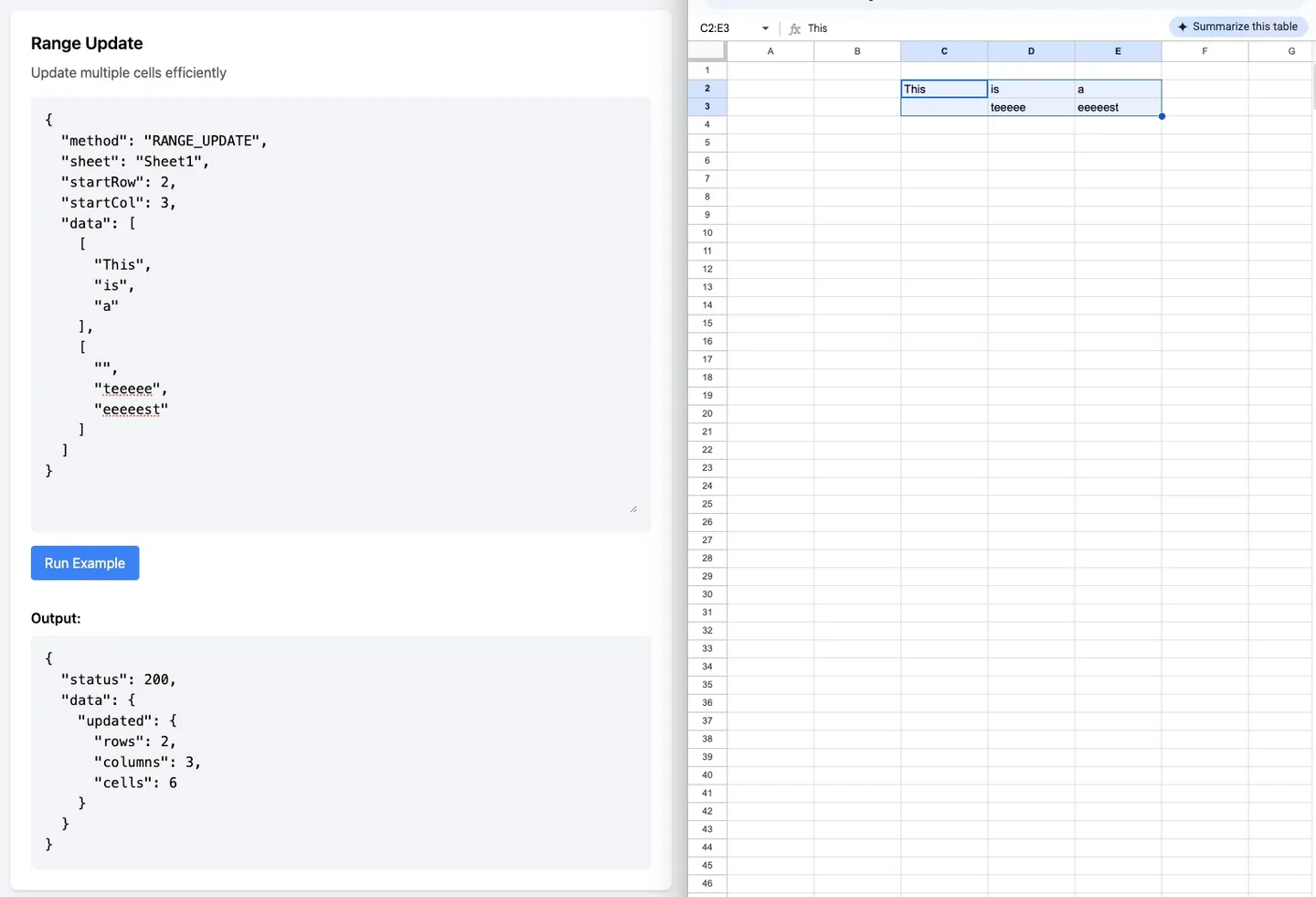 Range_Update can target a specific range of columns and rows, as opposed to treating the Google Sheet like a database