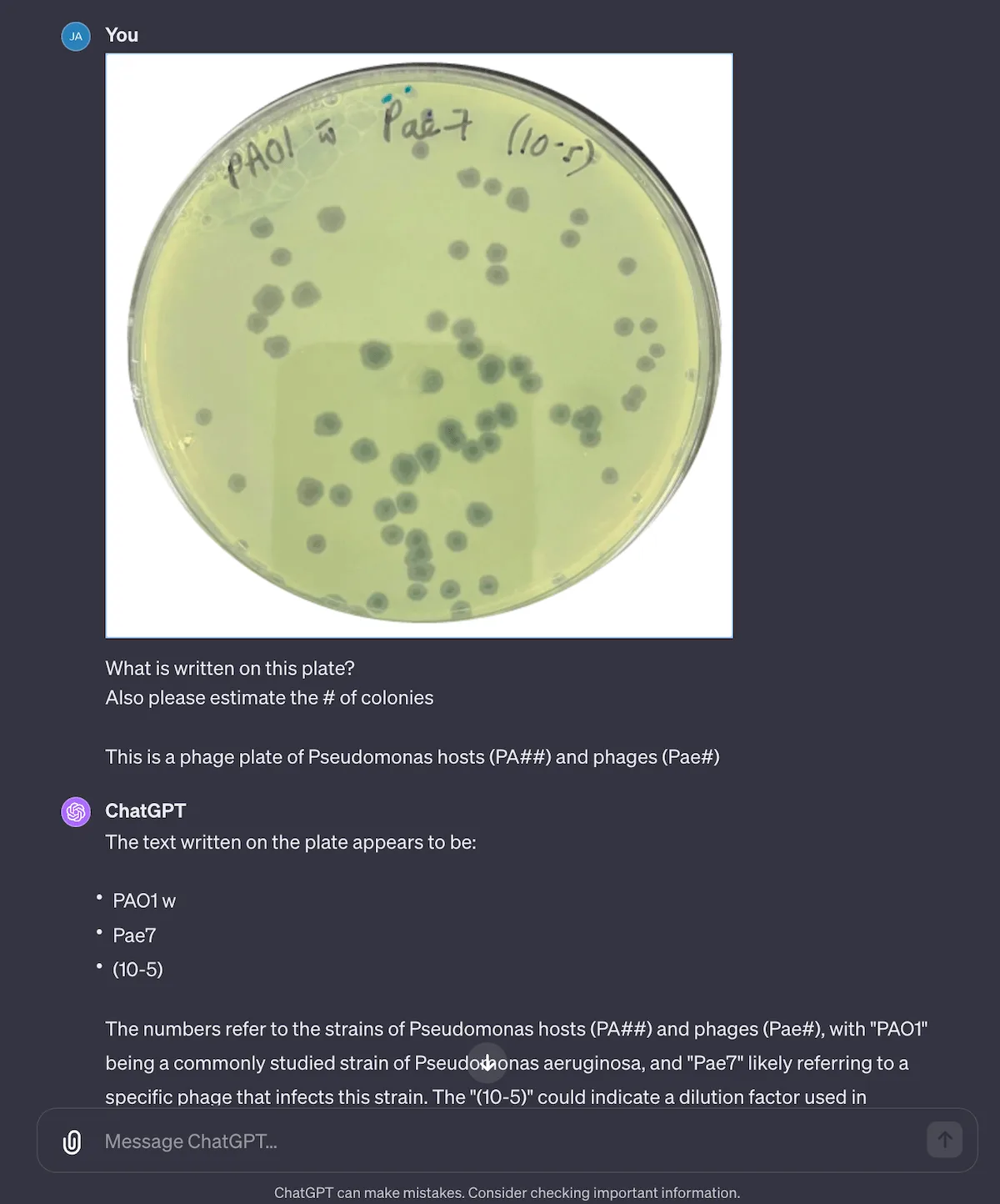 Fig 6. Counting plaques is hit or miss, but it’s surprisingly good at reading plate Sharpie writing! Especially when you guide it, by saying how the lab labels hosts and labels. Generally feeding it a “schema” on the correct keywords, labels and nouns makes it much more correct.